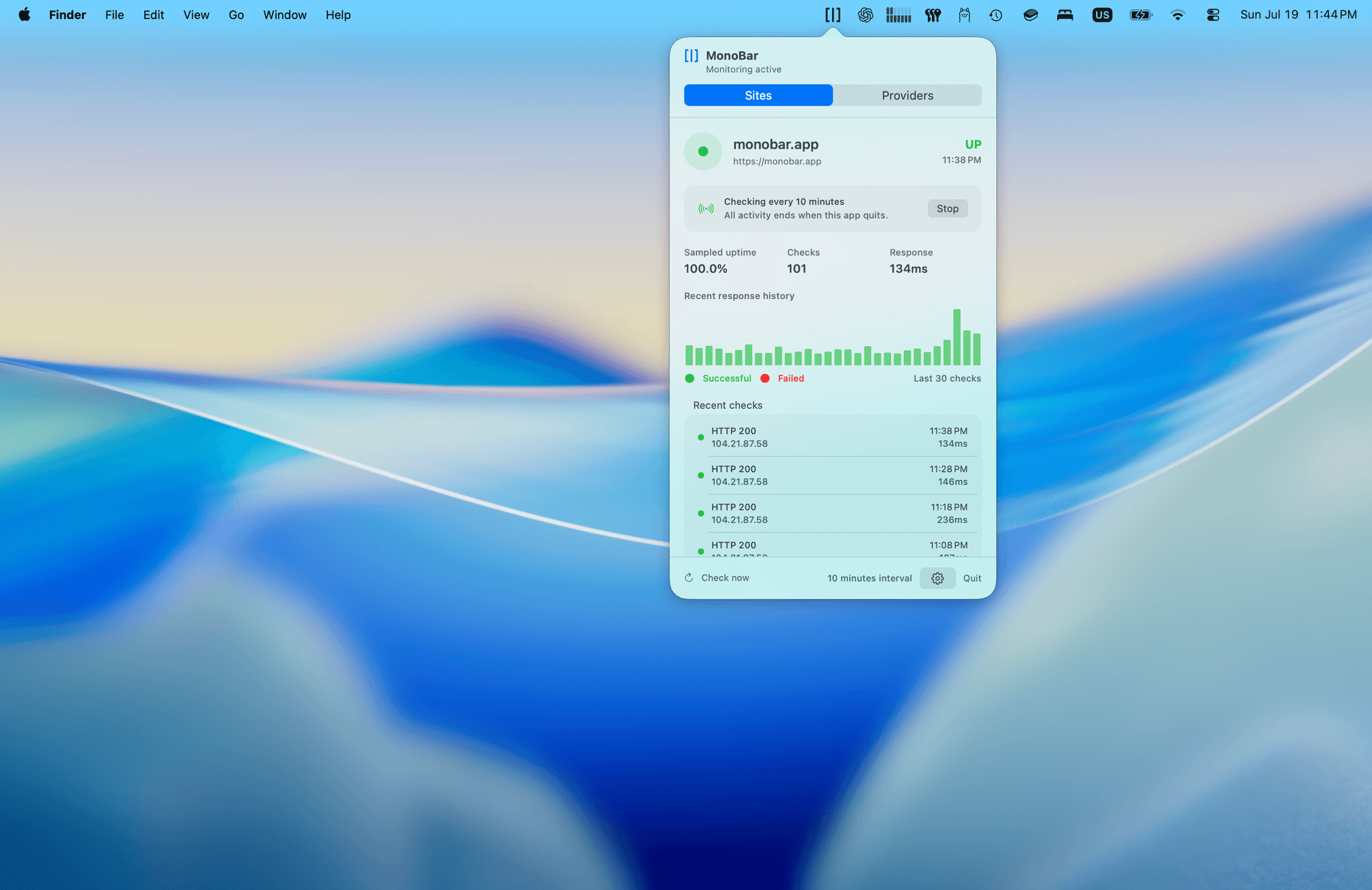 A macOS desktop with the MonoBar popover open from the menu bar, showing site status in context.